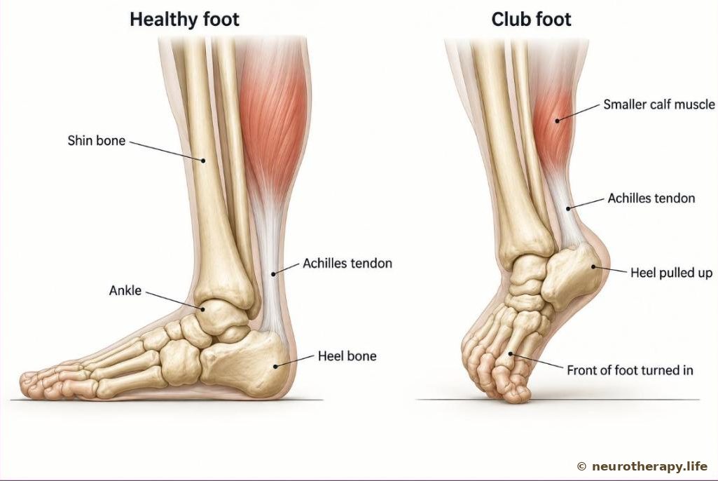 Two skeletons of a baby's lower leg and foot seen from the front and side: on the left a straight healthy foot, on the right a club foot with the heel bone tilted and the front of the foot turned inward and down, and a short, tight Achilles tendon