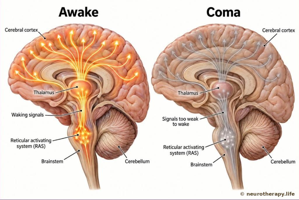 Two side-view brain cut-aways: on the left an awake brain with bright signal paths rising from the brainstem, on the right a brain in coma with the signals dimmed