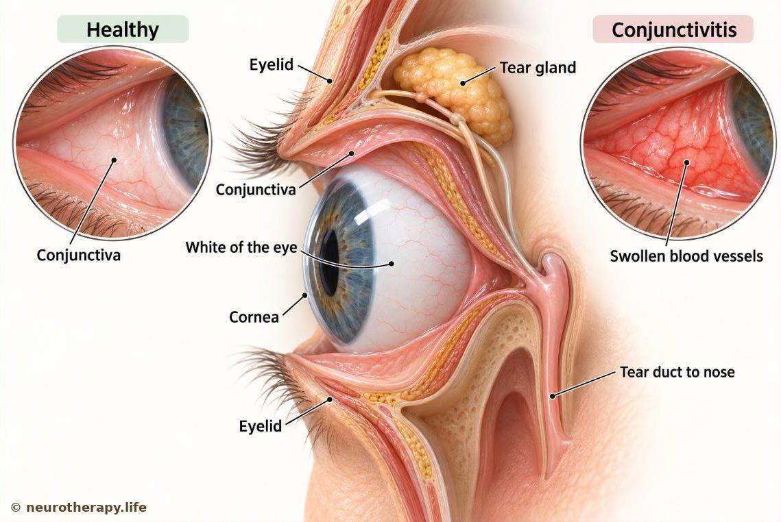 Cut-away side view of the front of the eye and eyelids showing the thin conjunctiva lining the eyelid and covering the white of the eye, with insets comparing calm conjunctiva and inflamed conjunctiva with swollen red vessels, and the tear gland and tear drainage duct