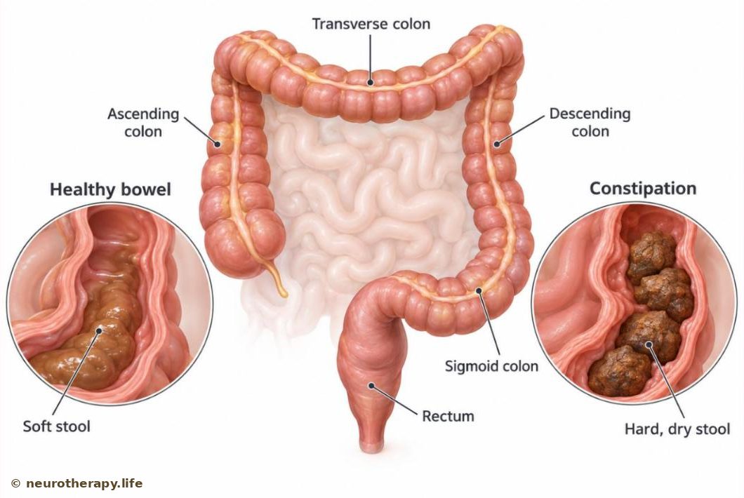 The large intestine inside the belly, with a magnified view of the left, lower part: soft, moist stool moving freely on one side, and dry, hard, lumpy stool stuck in a narrowed bowel on the other