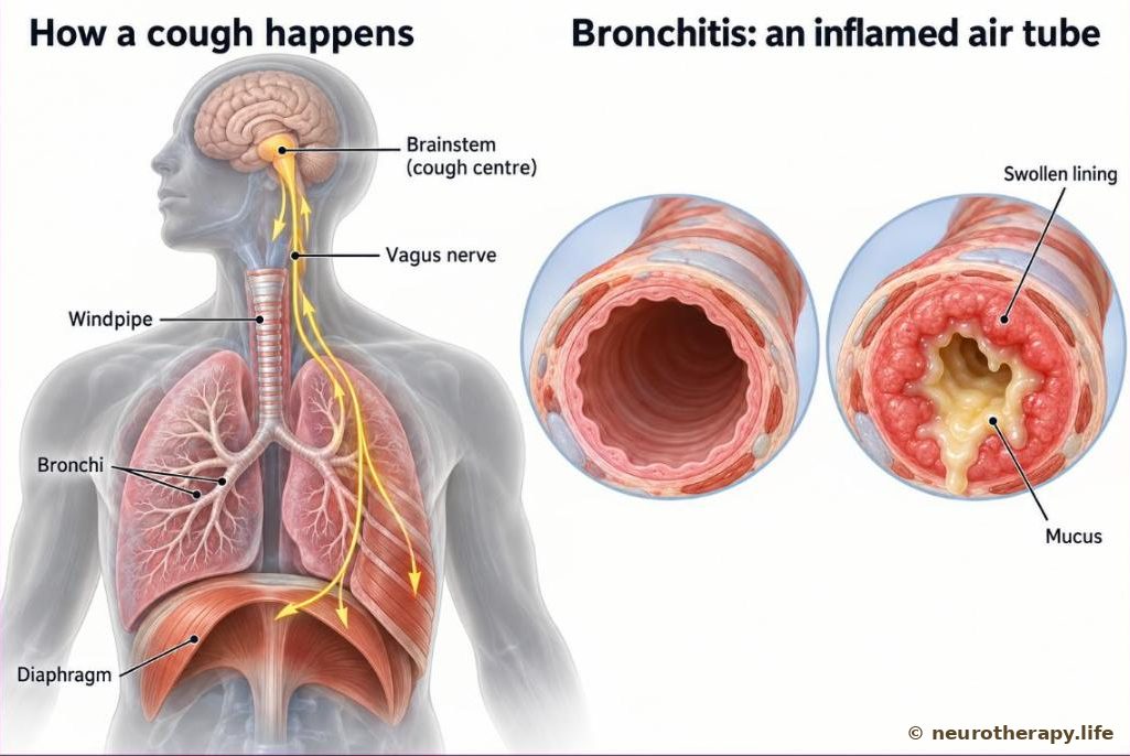 The windpipe and lungs with the path of the cough reflex — from sensors in the airway, up the vagus nerve to the brainstem, and back down to the breathing muscles — with a magnified airway cut across, normal beside inflamed