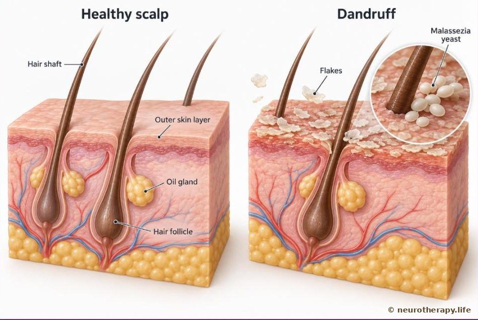 Two cut-away blocks of scalp skin side by side: on the left a healthy scalp with a smooth surface; on the right a scalp with dandruff, with loose flakes lifting off the surface and tiny yeast cells around the hair