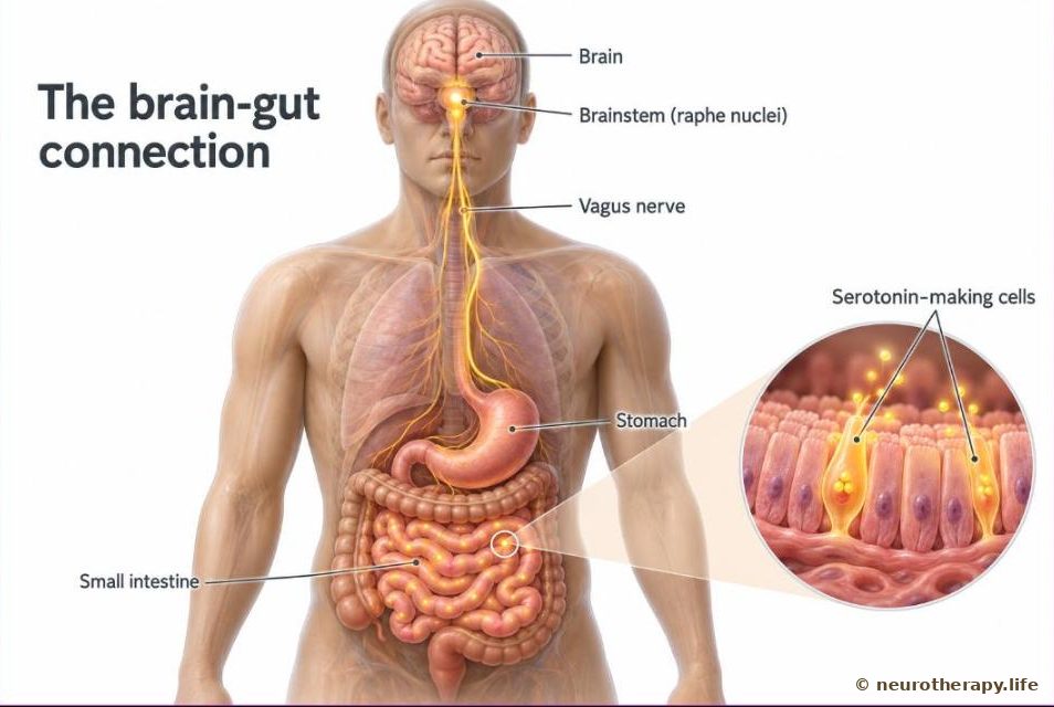 The brain and the gut connected by the vagus nerve, with a soft glow showing serotonin-making cells in the brainstem and in the lining of the intestine