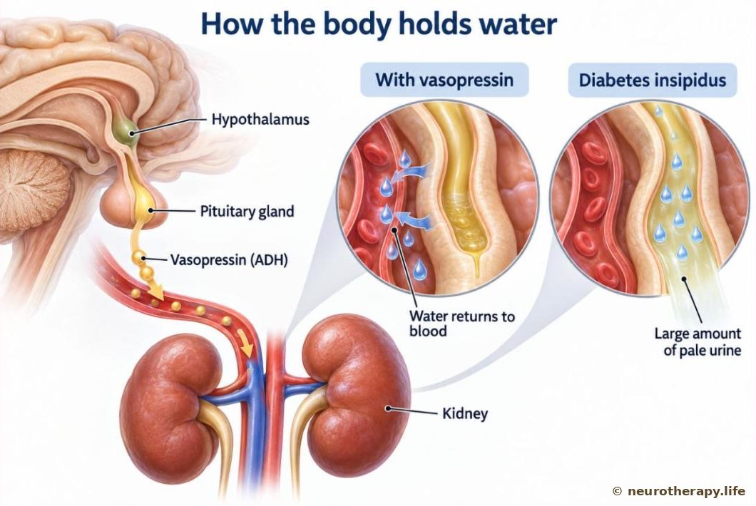 The brain's hypothalamus and pituitary gland linked by an arrow to the kidneys; two magnified circles compare a kidney tubule holding water back with vasopressin and one letting water flow away without it