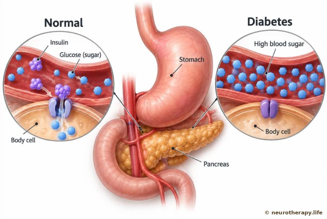 The pancreas lying behind the stomach, with a magnified view of a small blood vessel: on one side insulin lets sugar enter the body's cells, on the other side sugar stays crowded in the blood