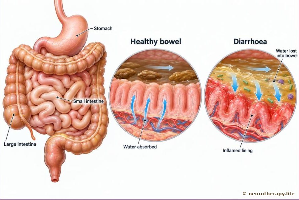 The small and large intestine inside the belly, with two magnified views of the bowel wall: a healthy lining taking water back into the body, and an irritated, inflamed lining where water pours into the bowel and the contents rush through