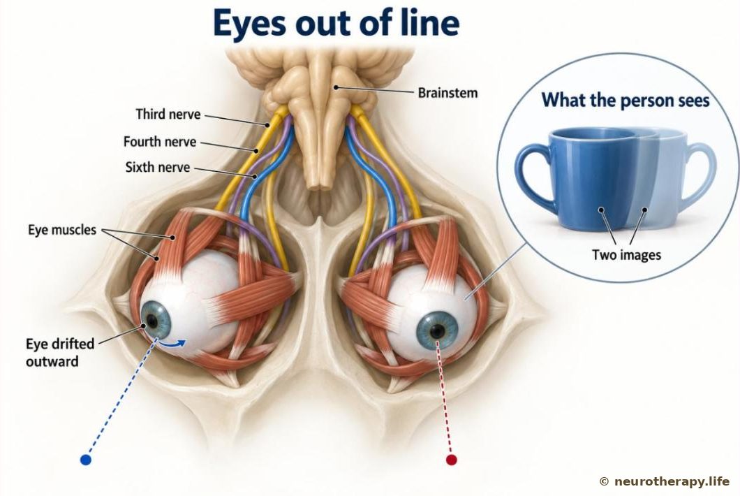 Top view of both eyeballs with their six small muscles and three nerves coming from the brainstem; one eye is drifted outward, and a magnified circle shows two overlapping images of one object