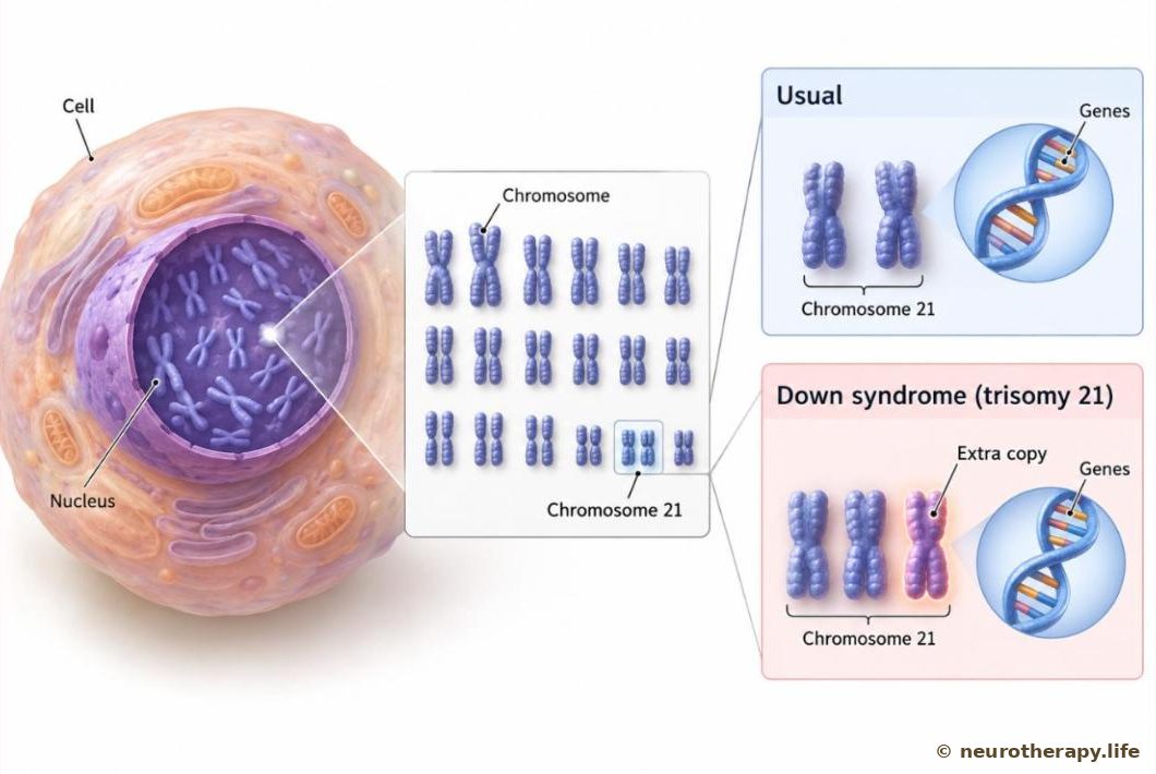 A single cell with its nucleus opened to show the chromosomes; a magnified panel compares the usual two copies of chromosome 21 with three copies in Down syndrome
