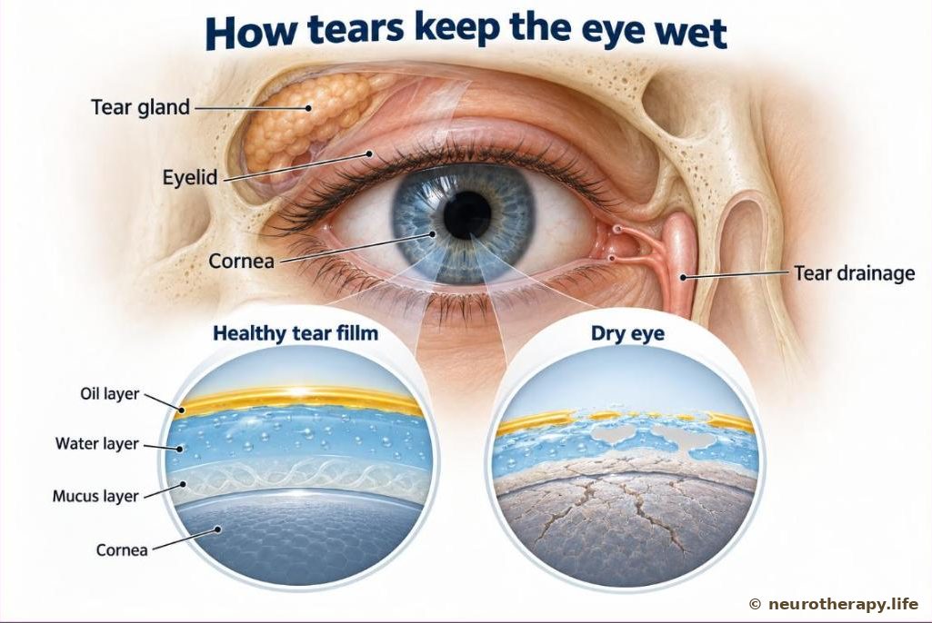 Front view of an eye with the tear gland above the outer corner and the tear drainage at the inner corner; magnified circles compare a healthy three-layer tear film with a thin, broken tear film on a dry eye