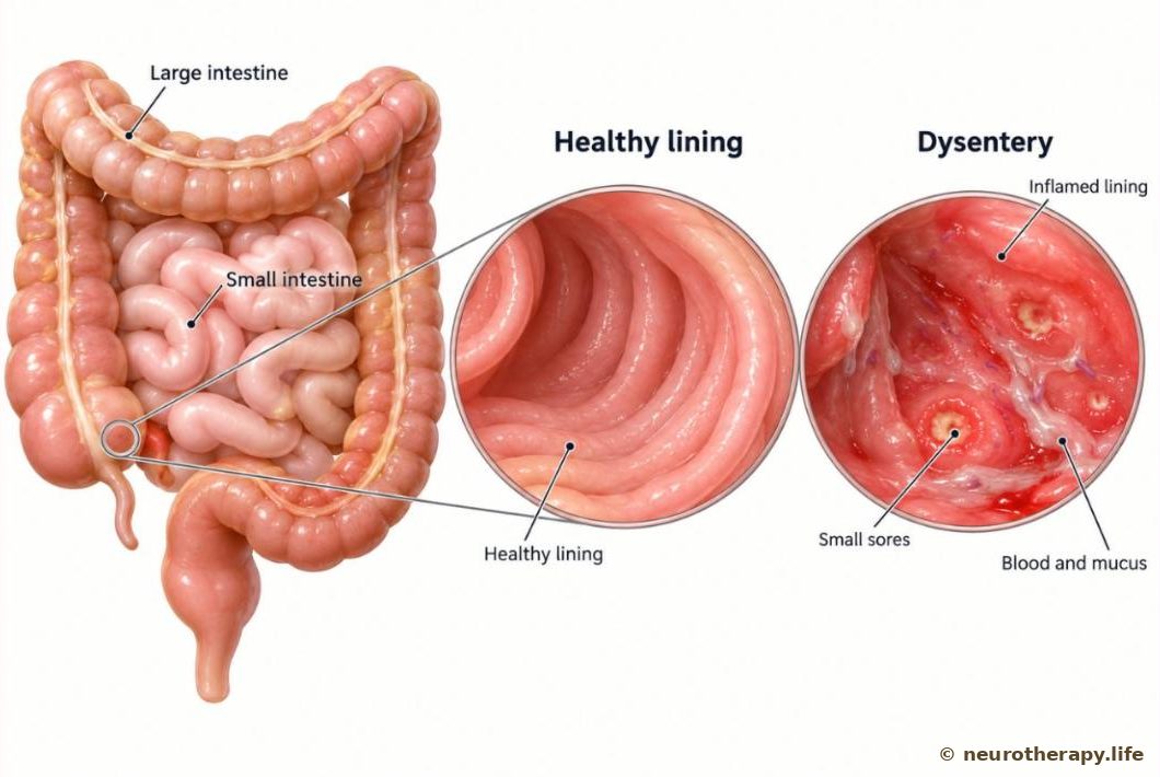 The large intestine seen from the front, with two magnified circles of its inner lining: a smooth, healthy lining on the left, and on the right a red, swollen lining with small sores, blood and mucus