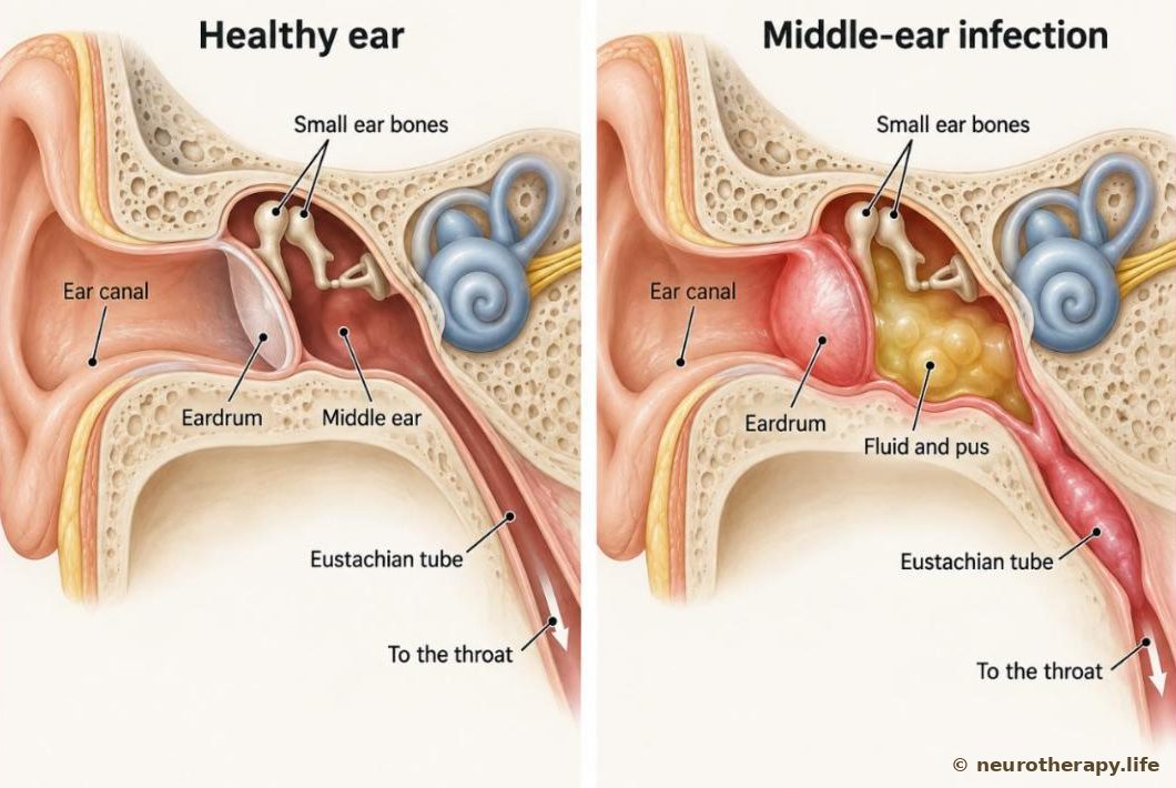 Cut-away of the ear in two panels: a healthy middle ear with a thin eardrum and an open Eustachian tube running to the throat, and an infected middle ear filled with fluid, with a red, bulging eardrum and a swollen, blocked tube