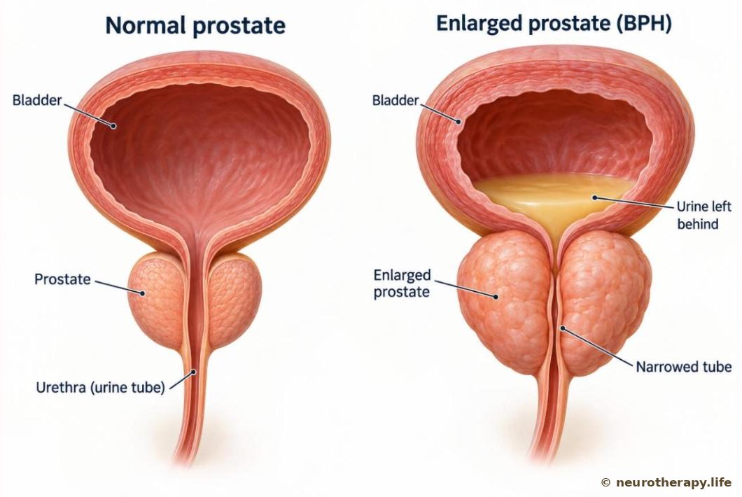 Two side-by-side cut-away views of the bladder and prostate: a normal prostate with an open urine tube, and an enlarged prostate squeezing the urine tube narrow, with urine left behind in the bladder