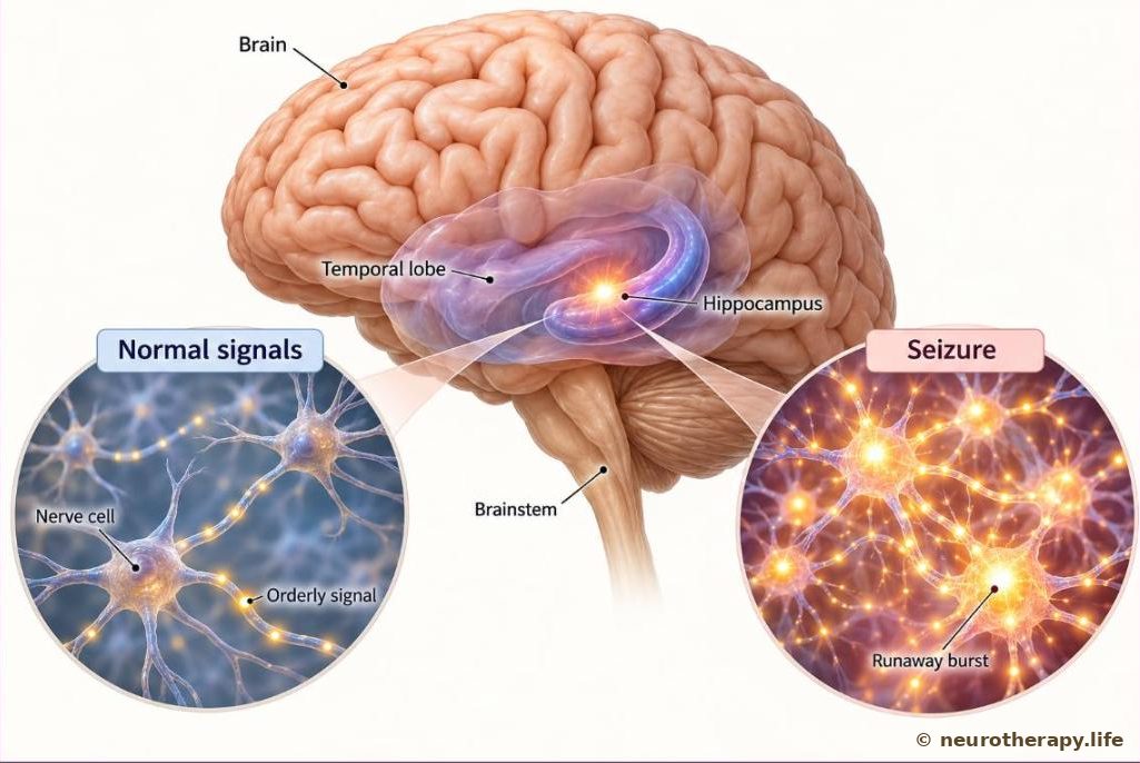 The brain seen from the side, with two magnified views of nerve cells: calm, orderly signals on one side, and a sudden burst of runaway signals spreading across a region on the other