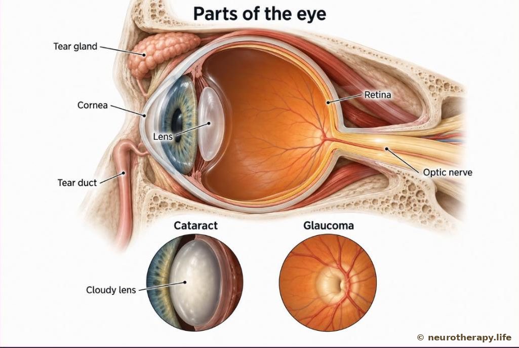 A side cut-away of the human eye showing cornea, lens, retina and optic nerve, with the tear gland and tear duct; small insets show a cloudy lens (cataract) and a cupped, damaged optic nerve (glaucoma)