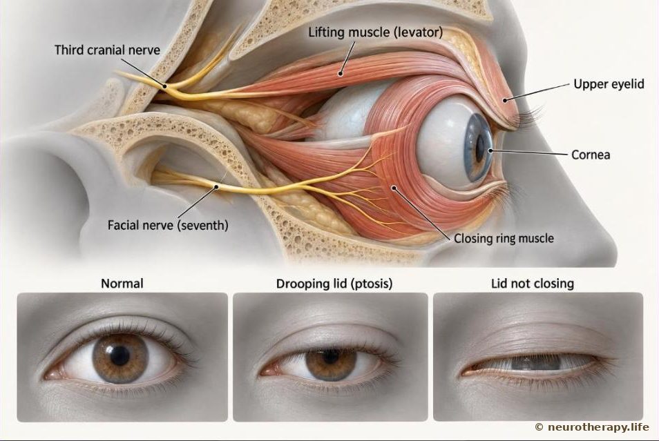 Side cut-away of the eye socket showing the muscle that lifts the upper lid with the third cranial nerve, and the ring muscle that closes the lids with the facial nerve; three small panels compare a normal lid, a drooping lid and a lid that cannot close