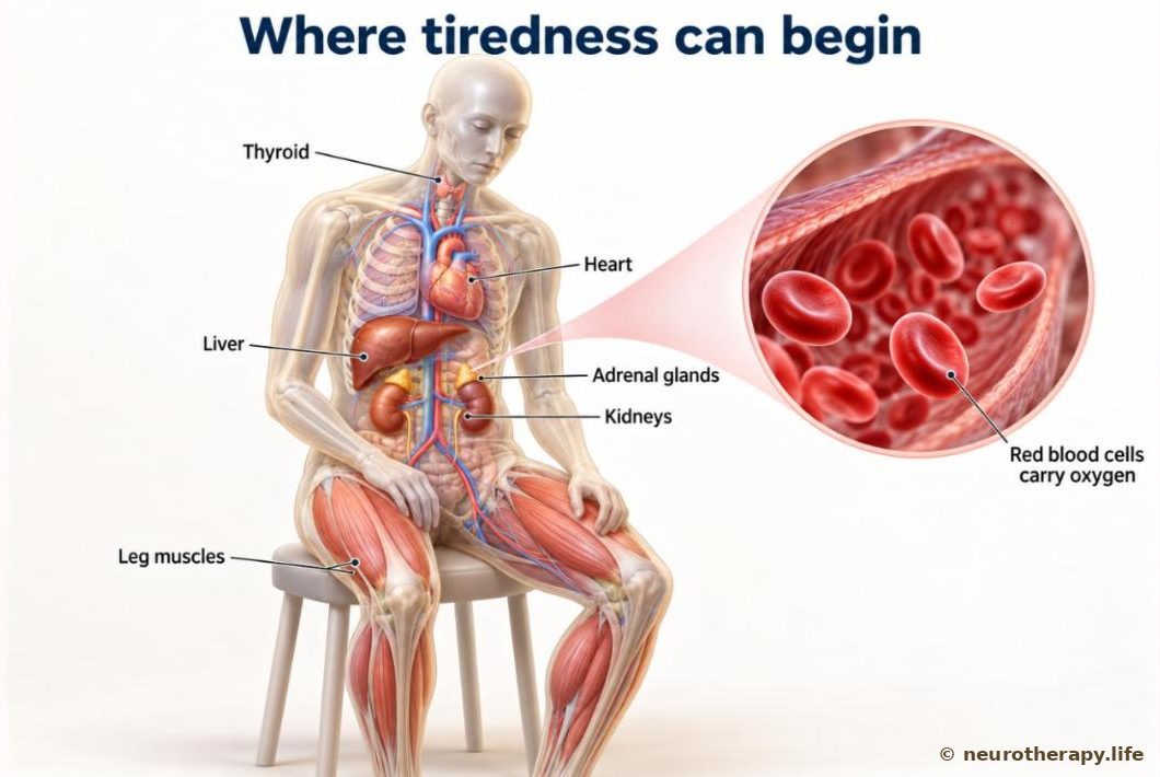 A neutral seated mannequin with a see-through body showing the thyroid, heart, liver, adrenal glands on top of the kidneys, blood vessels and leg muscles, with a magnified circle of red blood cells