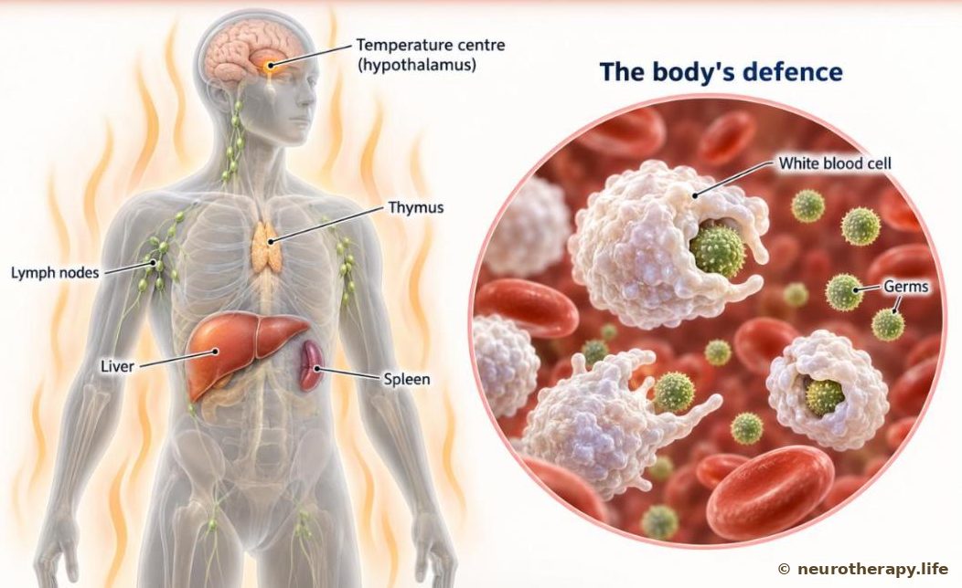 A neutral mannequin figure with the brain's temperature centre, the liver and the lymph nodes highlighted, with a magnified view of white blood cells attacking germs