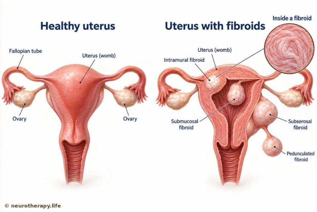 The womb seen from the front and cut open, showing fibroids in four places — inside the muscle wall, bulging into the inside of the womb, on the outer surface, and one hanging on a stalk — with a magnified circle showing the tight, whorled muscle of a fibroid