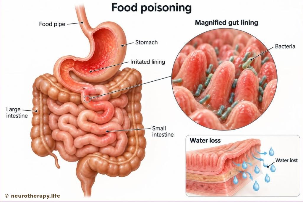 The digestive tract from the food pipe to the large intestine, with an irritated, reddened lining in the stomach and small intestine; a magnified circle shows rod-shaped bacteria on the gut lining, and a small inset shows water leaving the gut