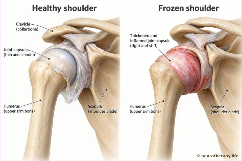 Two shoulder joints side by side, seen from the front: on the left a healthy joint with a thin, loose capsule; on the right a frozen shoulder with a thick, tight, inflamed capsule