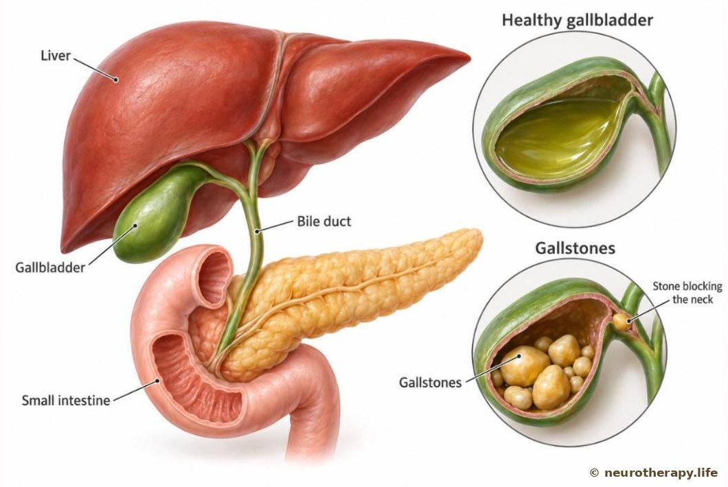 The liver and the gallbladder tucked beneath it, with the bile ducts leading to the small intestine; a magnified view of the gallbladder cut open shows several smooth yellow stones inside