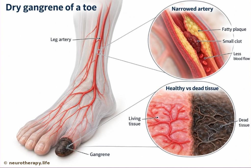 A see-through outline of a lower leg and foot showing the arteries running down to the toes; one toe tip is dark and dead, a magnified circle shows the leg artery narrowed by fatty plaque with a small clot, and a second circle compares healthy pink tissue with dead dark tissue
