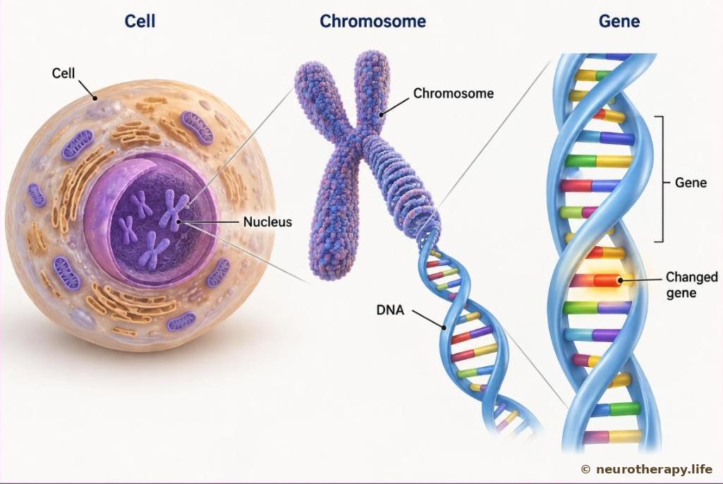 A body cell opened to show the nucleus, a chromosome unwinding into the DNA ladder, and a highlighted gene with one changed rung