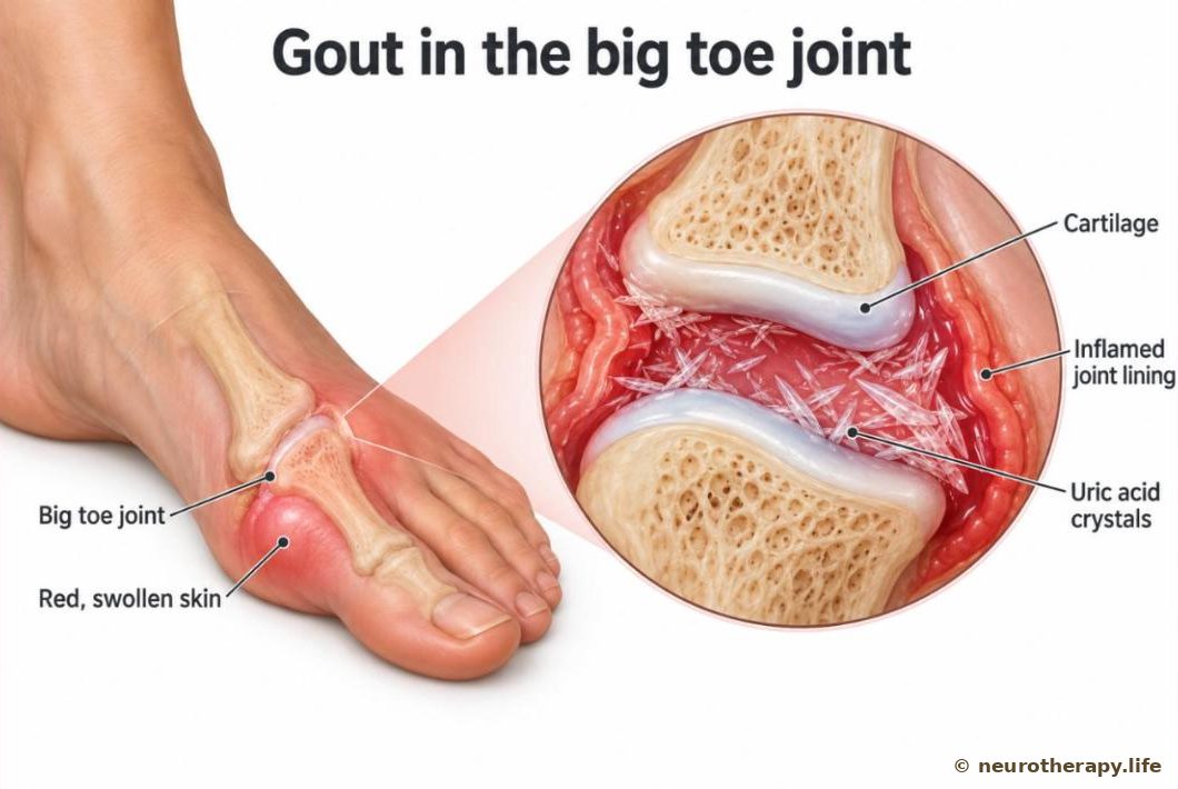 A human foot seen from the side, the joint at the base of the big toe red and swollen, with a magnified circle showing needle-shaped uric acid crystals inside the joint
