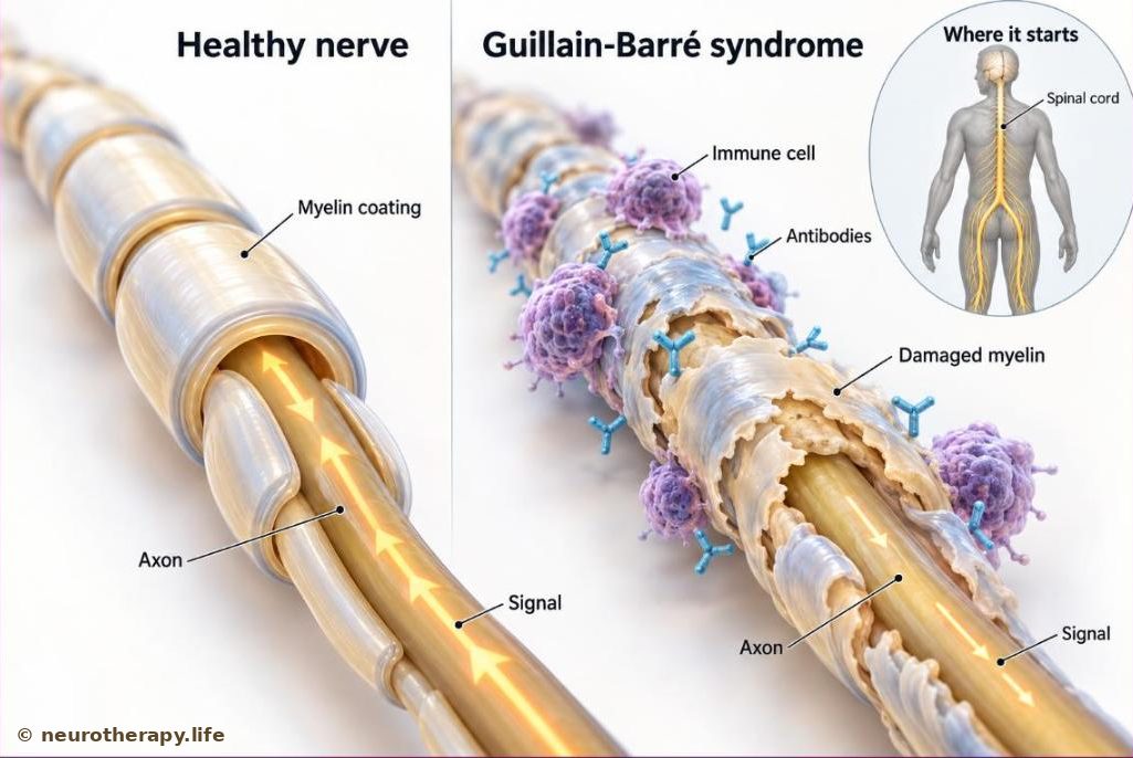A peripheral nerve magnified, split in two: on the left a healthy nerve fibre wrapped in an even coating; on the right the coating is patchy and damaged, with defence cells attacking it; a small inset shows nerves running from the spinal cord to the legs