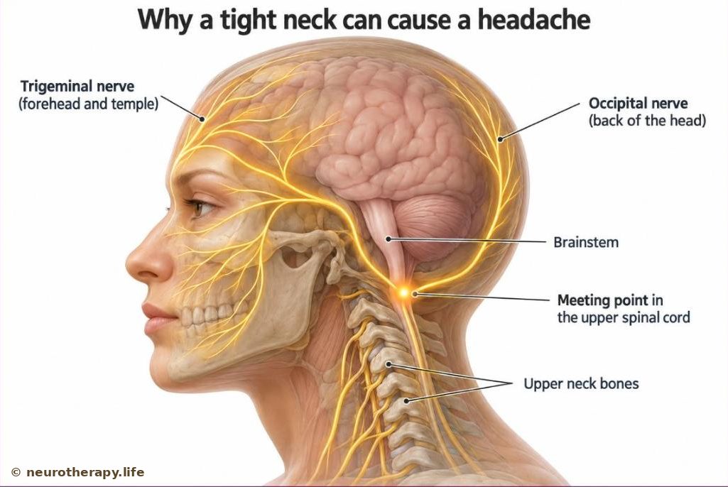 Side view of the head and upper neck showing the nerve of the face and forehead and the nerves of the upper neck meeting at the top of the spinal cord