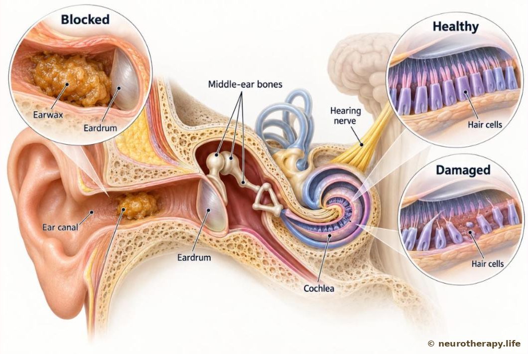 Cut-away view of the ear showing the ear canal, eardrum, three tiny middle-ear bones, the snail-shaped cochlea and the hearing nerve; three insets compare an ear canal blocked by wax, healthy hair cells and damaged hair cells