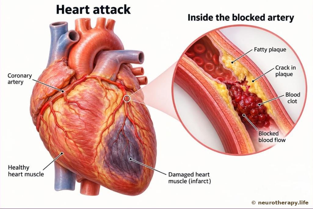 Front view of the heart with its coronary arteries; a magnified inset shows a fatty plaque that has cracked with a clot blocking the artery, and a darker patch of damaged heart muscle below the blockage