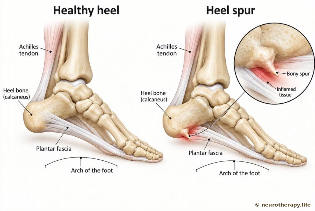 The bones of a foot seen from the inner side, with the plantar fascia running from the heel bone to the toes; a magnified circle shows a pointed bony spur growing forward from the underside of the heel bone