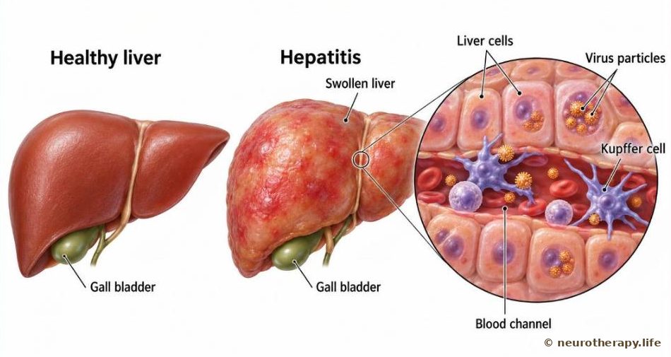 Two livers side by side — a smooth, healthy liver and a swollen, reddened liver with hepatitis — with a magnified circle showing liver cells, virus particles and Kupffer cells
