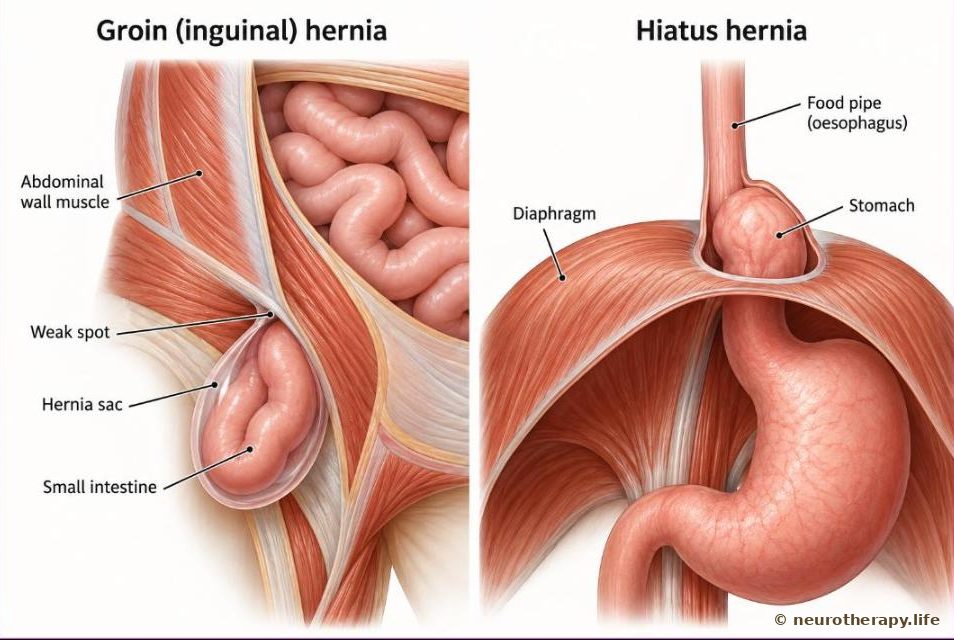 Two side-by-side views: a groin hernia, where a loop of small intestine pushes through a weak spot in the lower abdominal muscle wall, and a hiatus hernia, where the top of the stomach slides up through the opening in the diaphragm