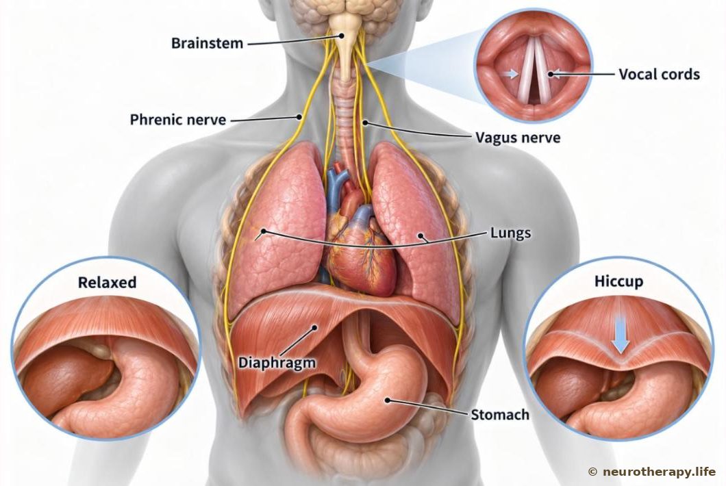 Front cut-away view of a neutral mannequin's chest showing the lungs, the dome-shaped diaphragm below them, the stomach under the diaphragm, and the phrenic and vagus nerves running down from the brainstem; two insets compare a relaxed diaphragm with a sudden spasm and show the vocal cords snapping shut