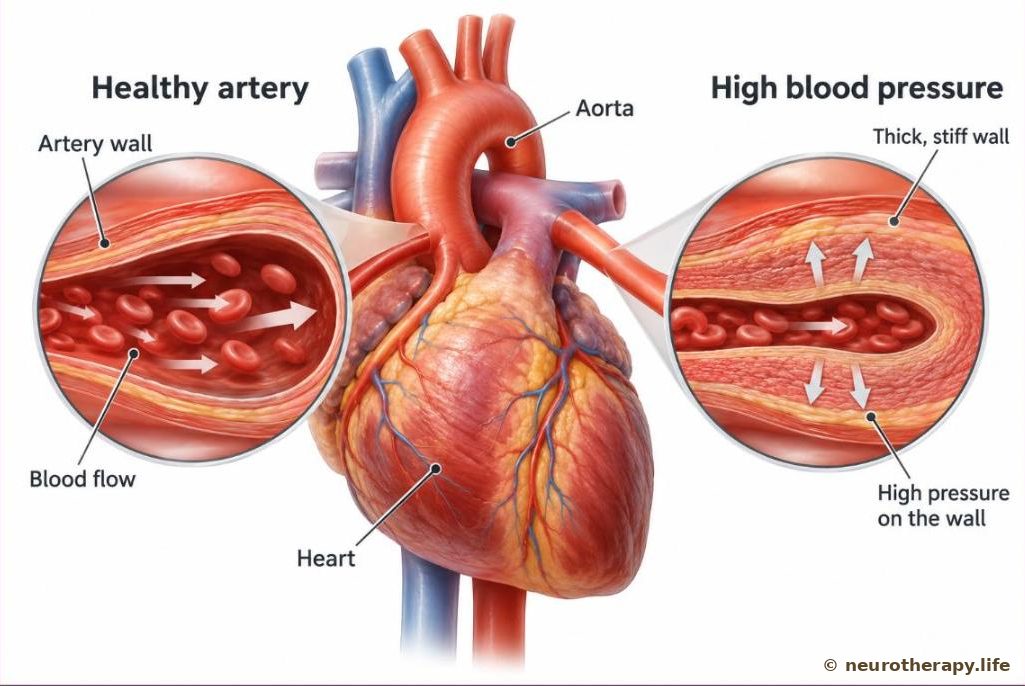 The heart and a large artery, with two magnified cross-sections of the artery: a relaxed, open artery with calm blood flow, and a tight, thick-walled artery with blood pressing hard against its walls