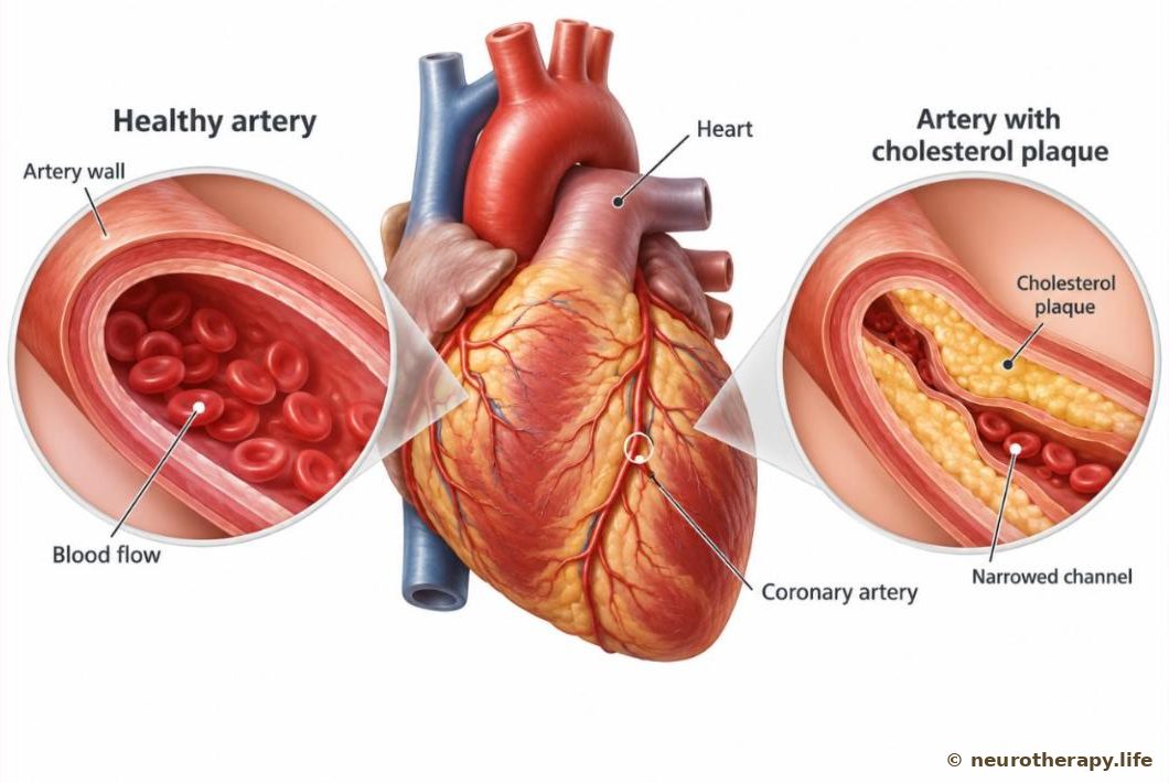 The heart with its coronary arteries, and a magnified cut through one artery: on the left a clear, open artery; on the right an artery narrowed by a yellow fatty deposit on its inner wall