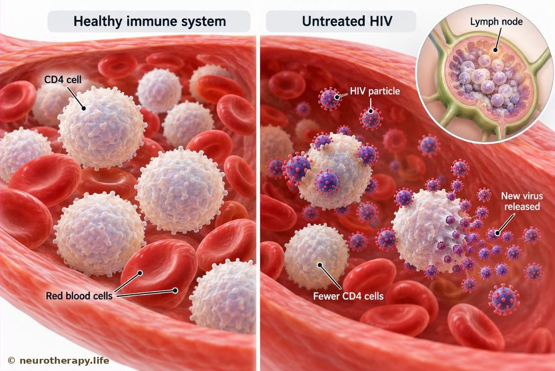 Magnified view of the blood: on the left, many healthy round CD4 immune cells; on the right, small HIV virus particles attaching to CD4 cells and fewer CD4 cells remaining; an inset shows a lymph node