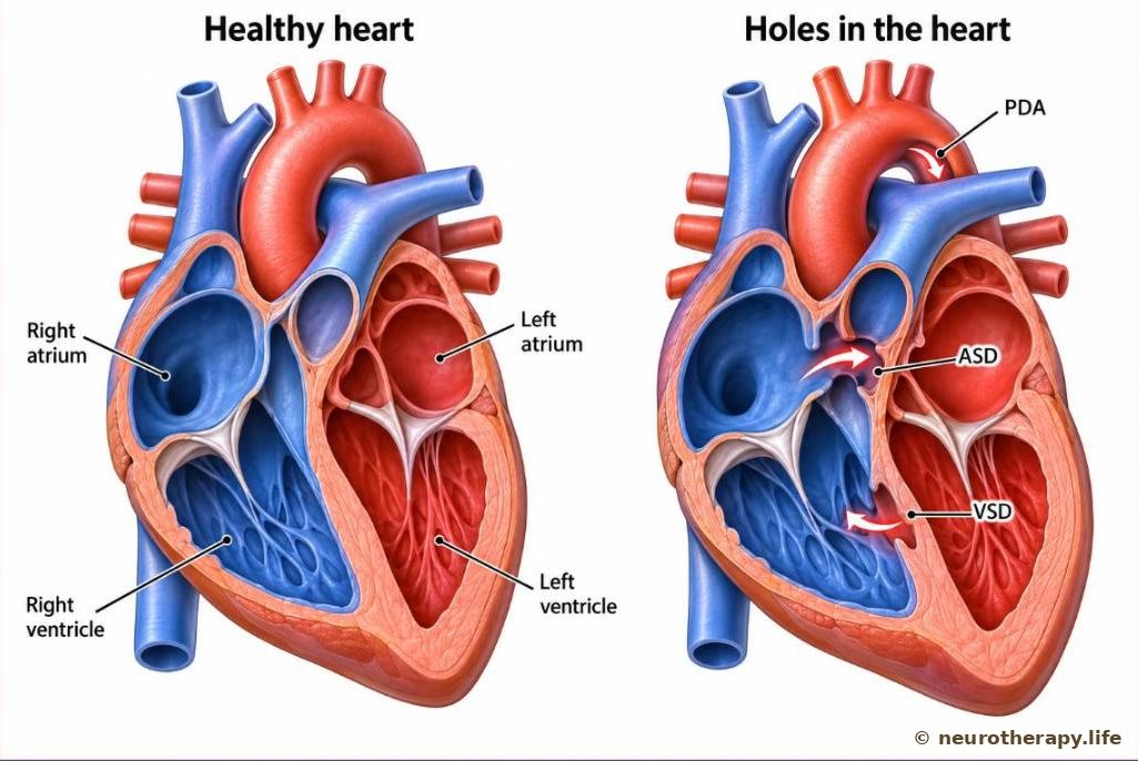 Two front cut-away views of a child's heart: on the left a healthy heart with closed walls; on the right the same heart showing a hole between the upper chambers (ASD), a hole between the lower chambers (VSD) and an open vessel link above the heart (PDA), with arrows of blood leaking through