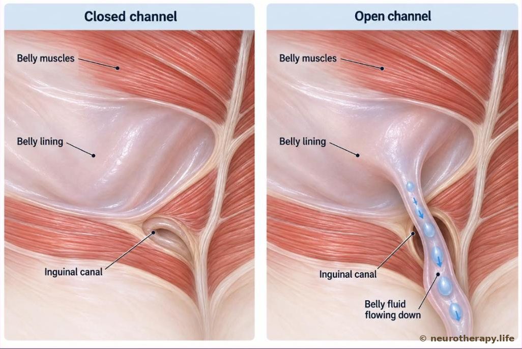 The lower belly wall seen from inside: on the left the channel through the groin is sealed; on the right a thin channel of belly lining is still open and belly fluid runs down it
