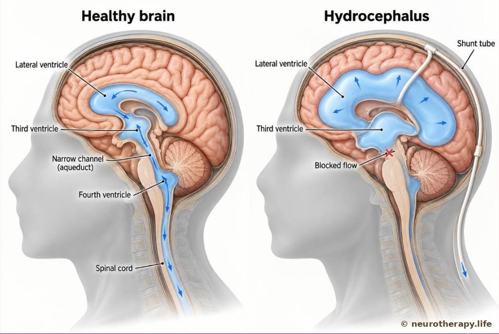 Two side views of the brain cut down the middle: on the left normal, narrow fluid spaces; on the right hydrocephalus, with a blocked channel and swollen fluid spaces, and a thin shunt tube running from the brain down the neck to the belly