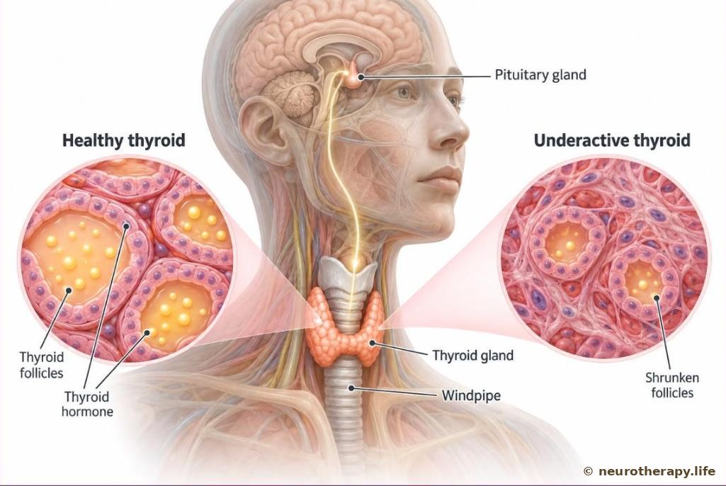 The front of the neck showing the butterfly-shaped thyroid gland around the windpipe, with the pituitary gland in the brain above and a magnified view of thyroid tissue: full and active beside small and underactive