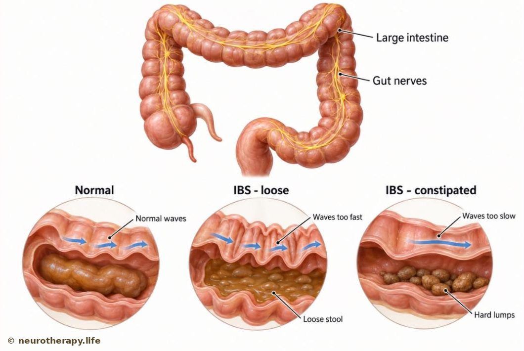The large intestine inside the belly with three magnified sections: a normal bowel, a bowel squeezing too fast with loose watery stool, and a bowel squeezing too slowly with hard lumps
