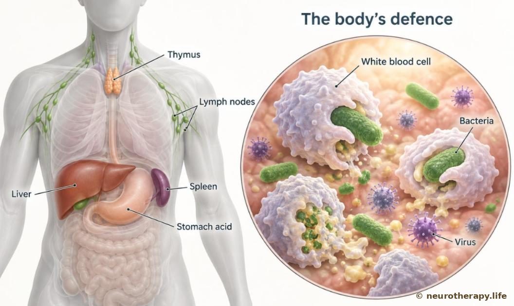 A neutral mannequin outline showing the body's defence organs — thymus, lymph nodes, spleen, liver and stomach — with a magnified circle of white blood cells surrounding and swallowing bacteria and viruses