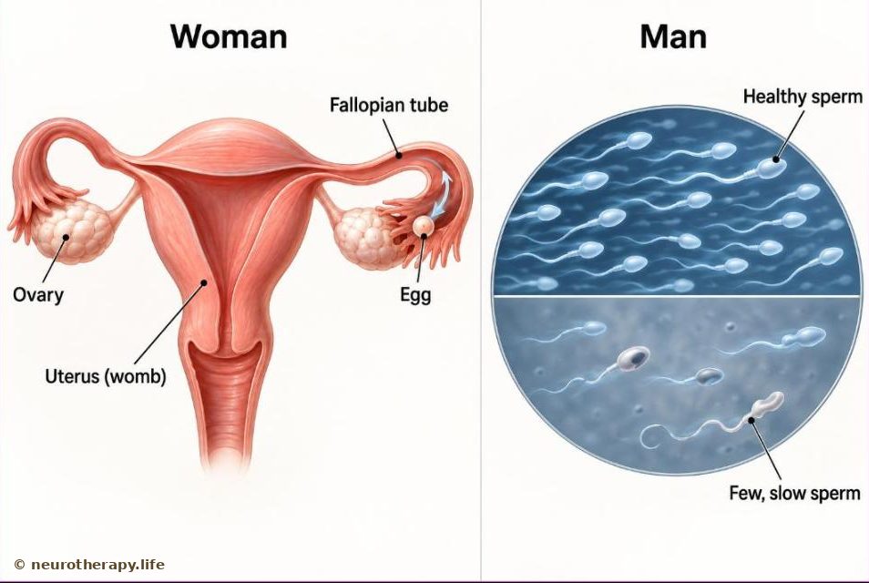 Two panels: on the left the womb, fallopian tubes and ovaries with an egg leaving an ovary; on the right a magnified view of sperm cells — healthy, active sperm beside few, slow sperm