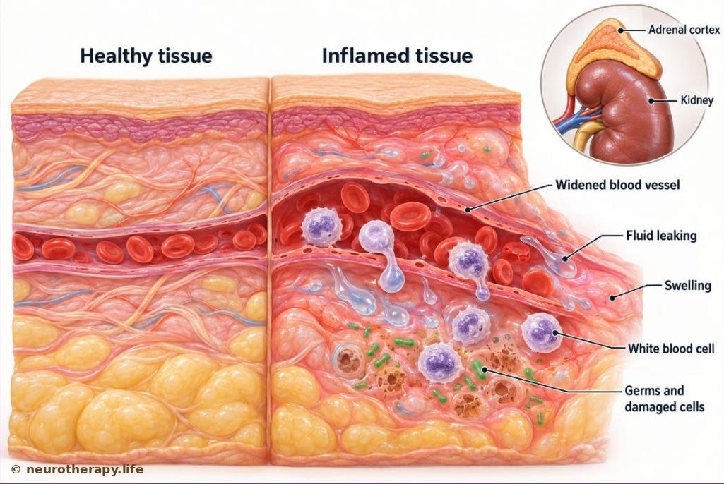Cut-away of a small piece of tissue under the skin with a widened blood vessel, white blood cells squeezing out of the vessel into swollen tissue, and a small inset of the adrenal gland sitting on top of a kidney