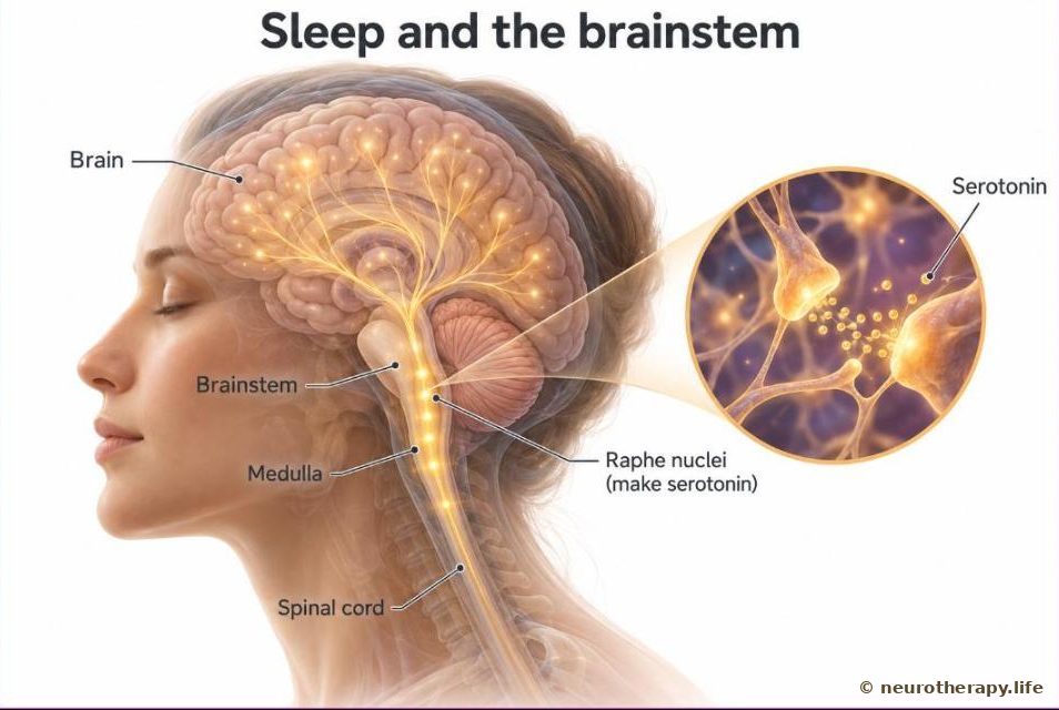 A side view of the human head showing the brainstem, with a soft glow along its middle line where the serotonin-making cells lie