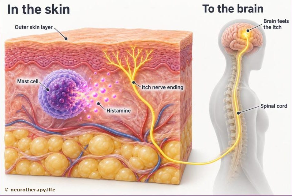A cut-away block of skin showing an allergy cell releasing histamine next to a fine itch nerve ending, and the nerve path running to the spinal cord and up to the brain