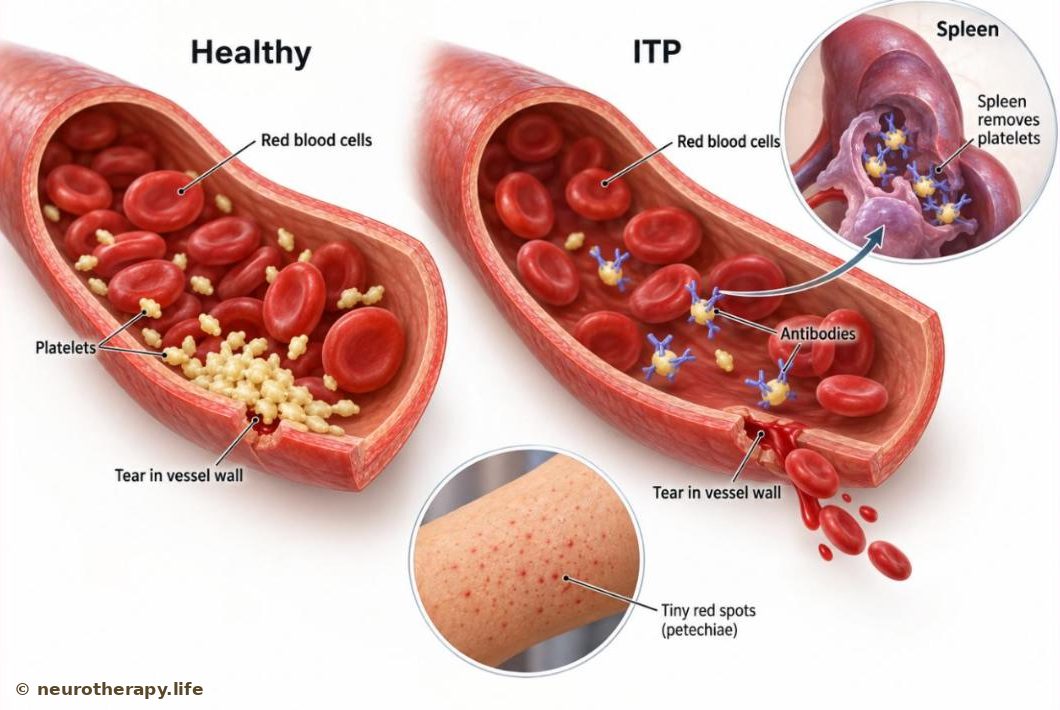 Two cut-open small blood vessels: on the left, many platelets plugging a tiny tear; on the right, in ITP, few platelets, most marked by Y-shaped antibodies, and blood leaking out; an inset shows the spleen removing marked platelets and another shows tiny red spots on a forearm